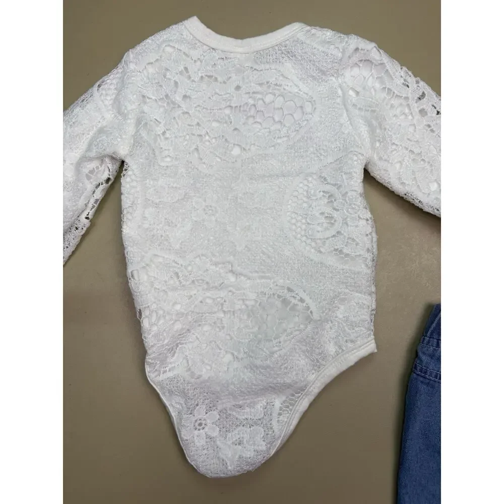 Baby Girl Lace Bodysuit Jeans Outfit Set Size 70 Distressed Denim EUC